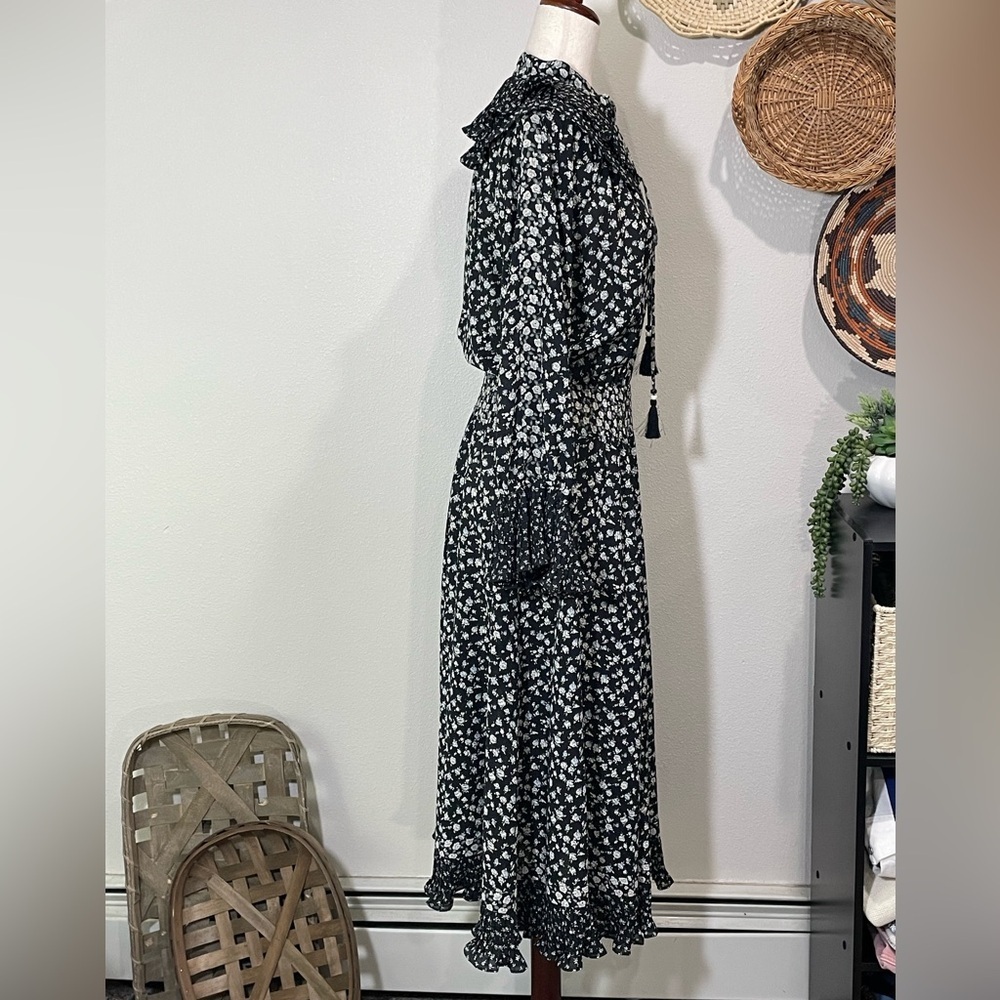 Vintage Diane Fres Floral Full Length Ruffle Flutter Dress BlackGray Cream/White - Picture 3 of 16